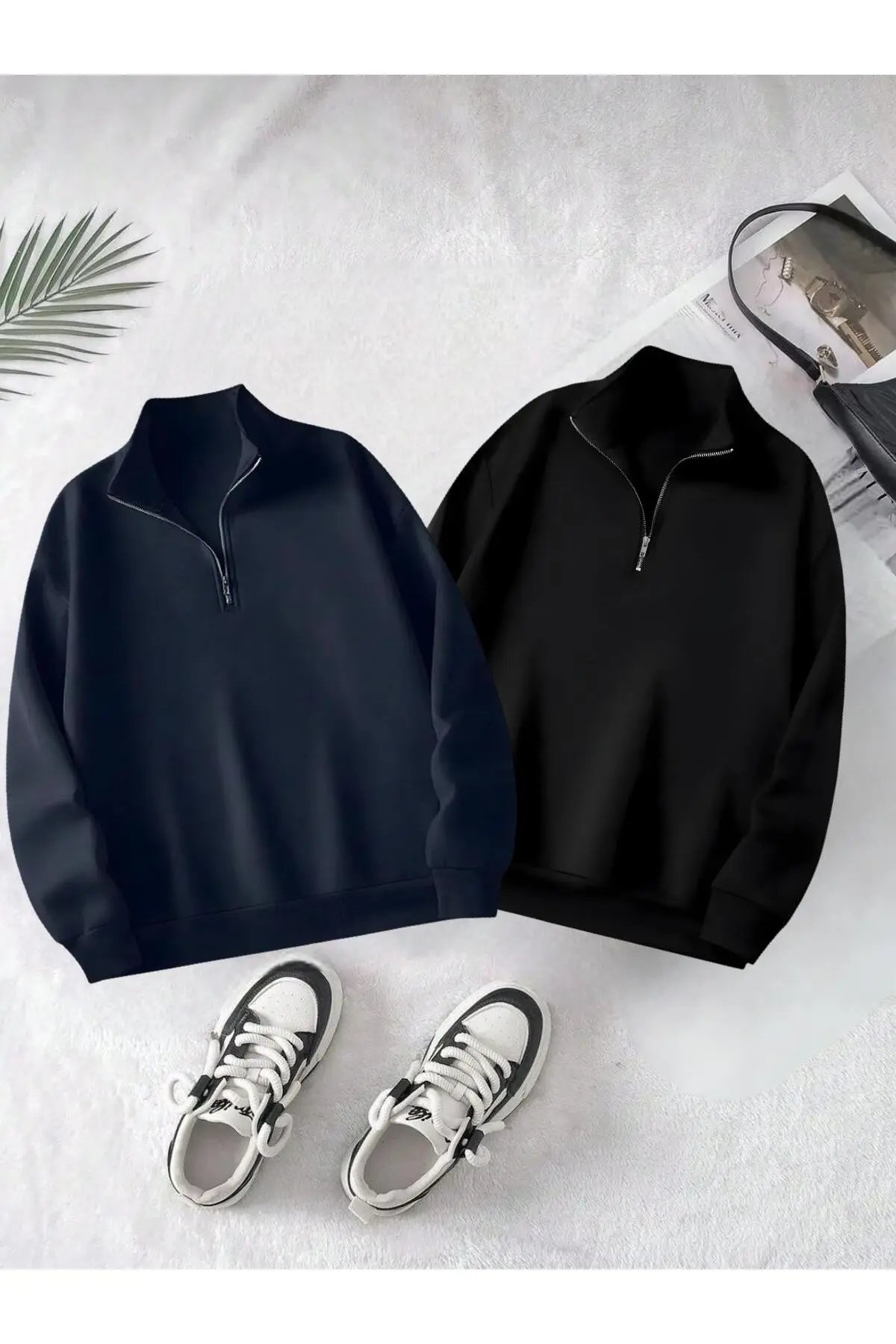 2li Dik Yakalı Yarım Fermuarlı Kahve Ve Siyah Oversize Unisex Sweatshirt